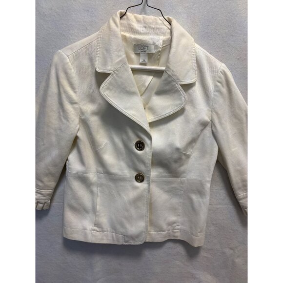 Ann Taylor Loft Womens White Blazer Jacket 10P Petite Cotton Blend 3/4 Sleeve Bu - Picture 2 of 12